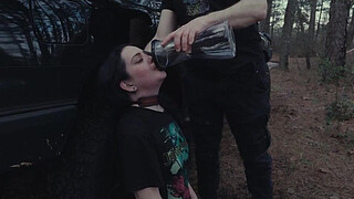 Submissive beauty eats booty and piss at roadside picnic, then gets rough face fucking
