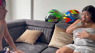 While I'm walking to the shower I meet my stepbrother and as he makes me laugh, my towel falls and I'm left naked...