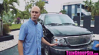 TeenGroupSex.com - Naughty chicks wash car and share lucky dude's dick