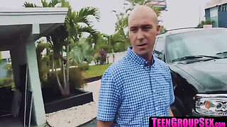 TeenGroupSex.com - Naughty chicks wash car and share lucky dude's dick