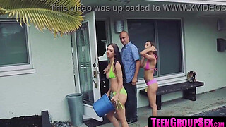 TeenGroupSex.com - Naughty chicks wash car and share lucky dude's dick
