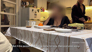 My husband jerking under a table front of my step mom and i right at the kitchen.