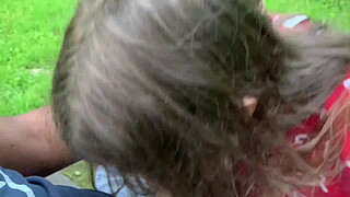 Lesbian best friend sucks shaft on the park bench