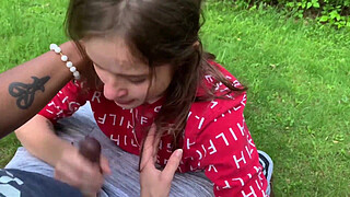 Lesbian best friend sucks shaft on the park bench