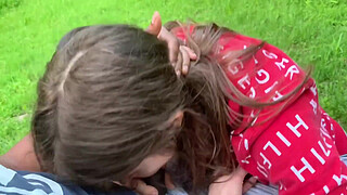 Lesbian best friend sucks shaft on the park bench