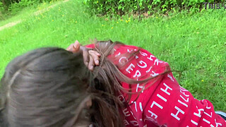 Lesbian best friend sucks shaft on the park bench