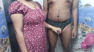 Indian Desi Bhabhi giving best handjob and her husband cum on her sexy blue panty.