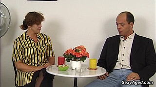 Busty amateur German mature lady Beatta jerking big dick to balding guy Gustavo Meunier while he toying her hairy pussy then he fucks her