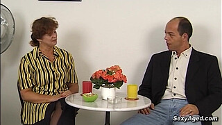 Busty amateur German mature lady Beatta jerking big dick to balding guy Gustavo Meunier while he toying her hairy pussy then he fucks her