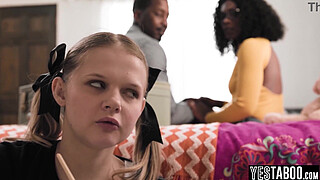 Tiny stepdaughter gets her hairy teen pussy plowed by her big shaft black stepdad