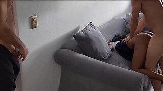 Stepfather catches his best friend fucking his chick on the couch while his friend masturbates