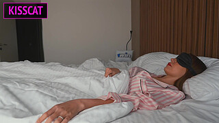 Why blindfolded step mom in mask let step son fuck her in share bed, while husband in the shower?