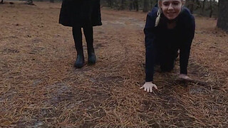 Two sick perverts take bubble ass MILF for a crawl into the woods