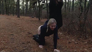 Two sick perverts take bubble ass MILF for a crawl into the woods