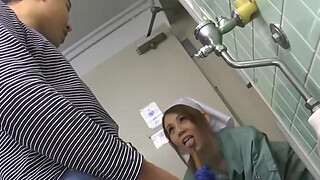 Maki Koizumi works as cleaning staff and fucks a man in a public toilet