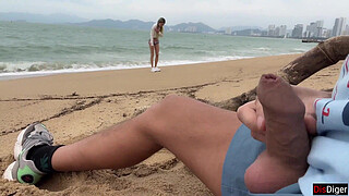 I see you jerking off to me and I want to help you cum! - Shaft flashing on public beach