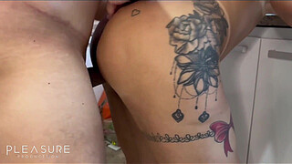 A real housewife pleases her husband even in the kitchen.