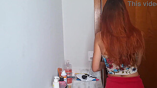 Mature old man enters the bathroom with a young babe!