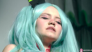 Horny bitch with big boobies Rebecca Nikson enjoys teasing her shaved pussy.