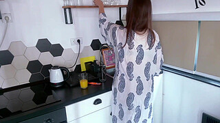 Milky Stepmother's Boner was Licked by Her Stepson on the Kitchen