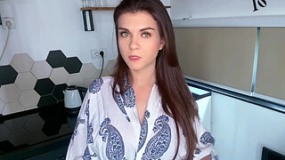 Milky Stepmother's Boner was Licked by Her Stepson on the Kitchen