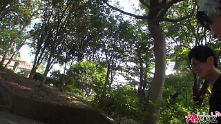 Hot Japanese model Saki Aoyama in a kimono sucks penis in the park uncensored.