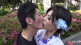 Hot Japanese model Saki Aoyama in a kimono sucks penis in the park uncensored.
