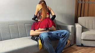 MyRedFoxGirl teases her neighbor with her short skirt and high boots, which he then stains with cum