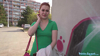 Public Agent Redhead beauty removes the condom from my big penis for real sex