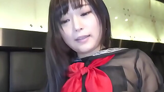 Uncensored, 18-year-old Japanese black-haired cutie, shaved pussy creampie sex in uniform cosplay