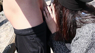Pissing on her and him outdoors with risky public sex