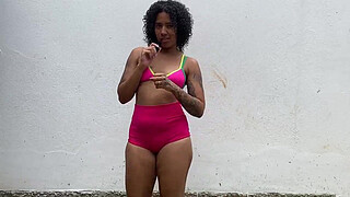 Naughty young babe showing off in PUBLIC and guiding her handjob until she gets milk inside