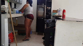 Chubby Latina with a big booty likes to be watched by her stepfather's old man while she cleans the house