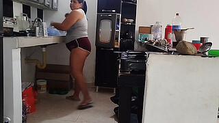 Chubby Latina with a big booty likes to be watched by her stepfather's old man while she cleans the house