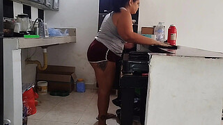 Chubby Latina with a big booty likes to be watched by her stepfather's old man while she cleans the house