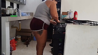 Chubby Latina with a big booty likes to be watched by her stepfather's old man while she cleans the house