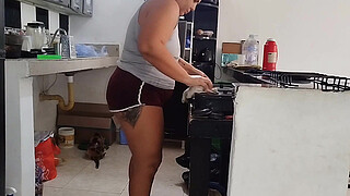 Chubby Latina with a big booty likes to be watched by her stepfather's old man while she cleans the house