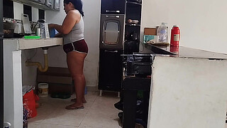 Chubby Latina with a big booty likes to be watched by her stepfather's old man while she cleans the house
