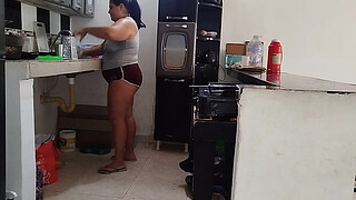 Chubby Latina with a big booty likes to be watched by her stepfather's old man while she cleans the house