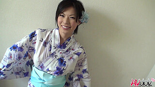 Japanese model in Kimono Saki Aoyama sucks hard shaft outdoors uncensored.