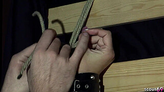 Skinny blonde Fit Chick Rachel Evans with Curly Hair at Hard BDSM Bondage Session Roleplay Fuck