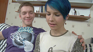 Blue haired chick sucking shaft and fuck