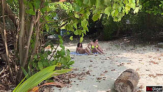 Public Pickup Stepmom and Stepdaughter on Beach - Risky Shaft Flashing Cum on Face