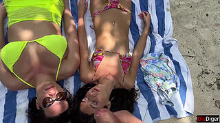 Public Pickup Stepmom and Stepdaughter on Beach - Risky Shaft Flashing Cum on Face