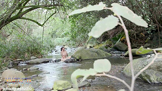 Horny Busty Nina Costa gets caught by some guys bathing in the river so she invites them to fuck her and she does her first double penetration and swallows the loads from two BBC’s