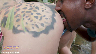 Horny Busty Nina Costa gets caught by some guys bathing in the river so she invites them to fuck her and she does her first double penetration and swallows the loads from two BBC’s