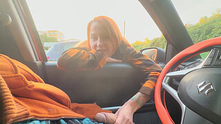 Public Shaft Flash in Car - Stranger babe caught me Jerking Off in Public, Show Boobs and helped me