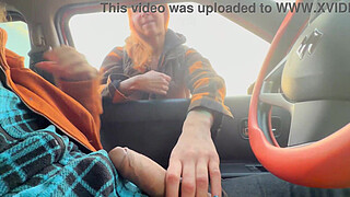Public Shaft Flash in Car - Stranger babe caught me Jerking Off in Public, Show Boobs and helped me