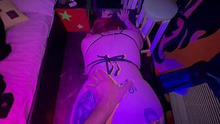 Busty redhead stripper switches her pole for my dick and dances on me until I cum