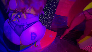 Busty redhead stripper switches her pole for my dick and dances on me until I cum